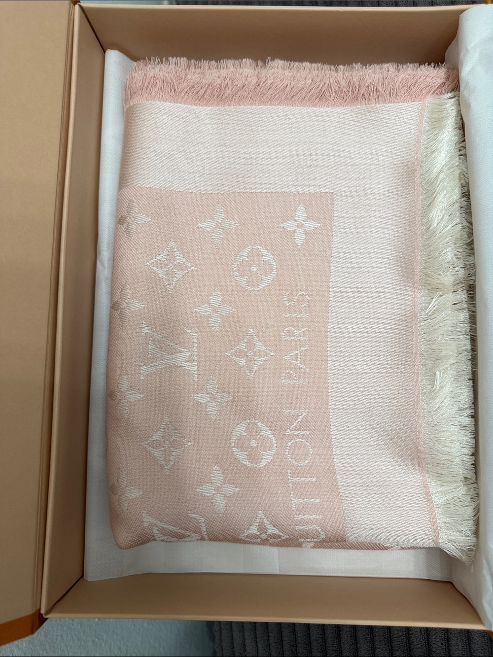 Louis Vuitton Blush Pink Monogram Classic Shawl with Cream Fringe